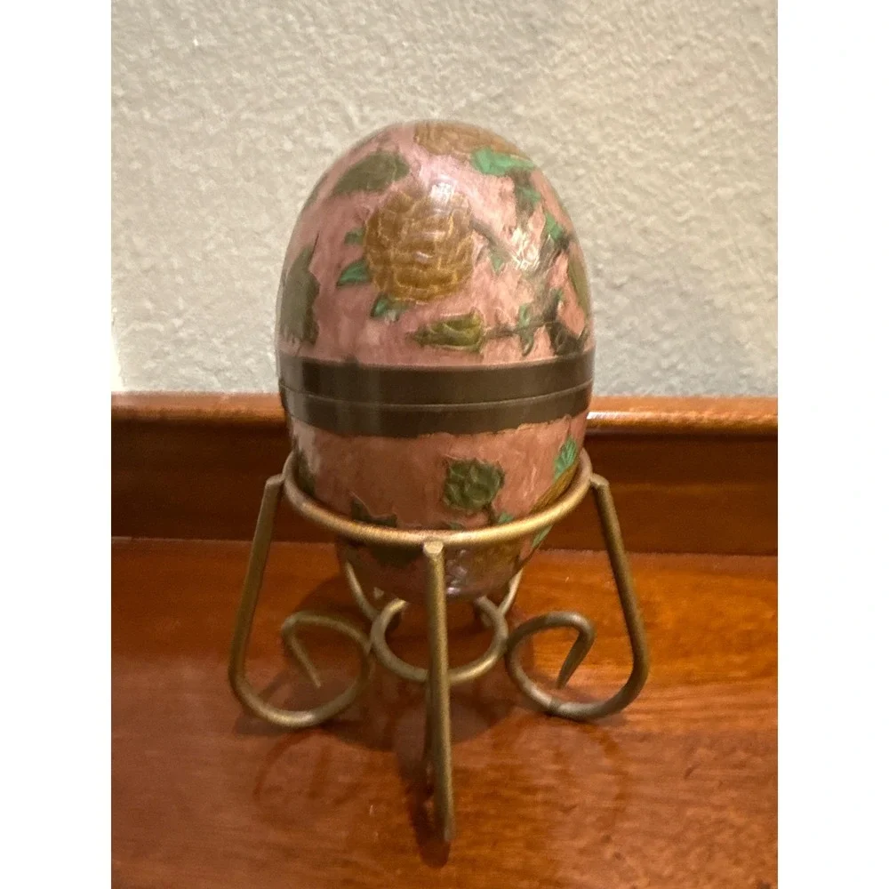 Enamel‎ Painted Large Brass Egg Trinket Box with Stand 8
